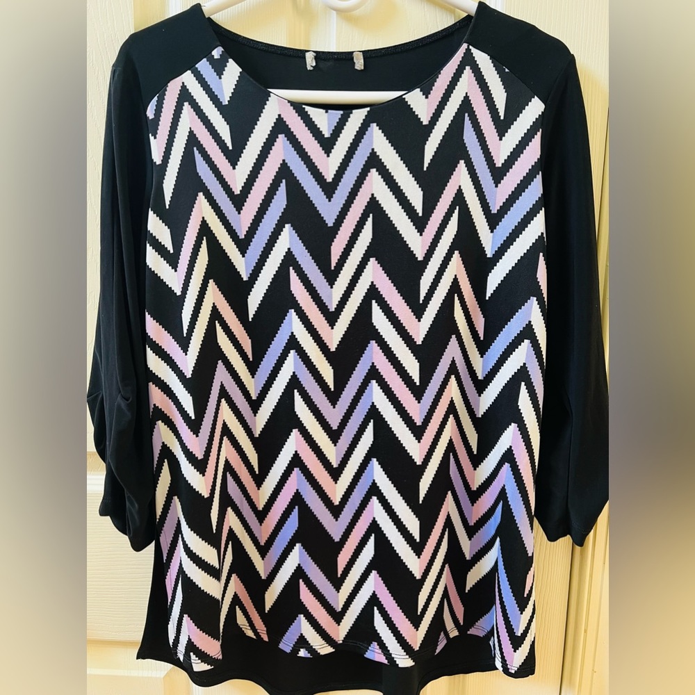 Black Long Sleeve Shirt with Blue and Pink Triangle Stripes